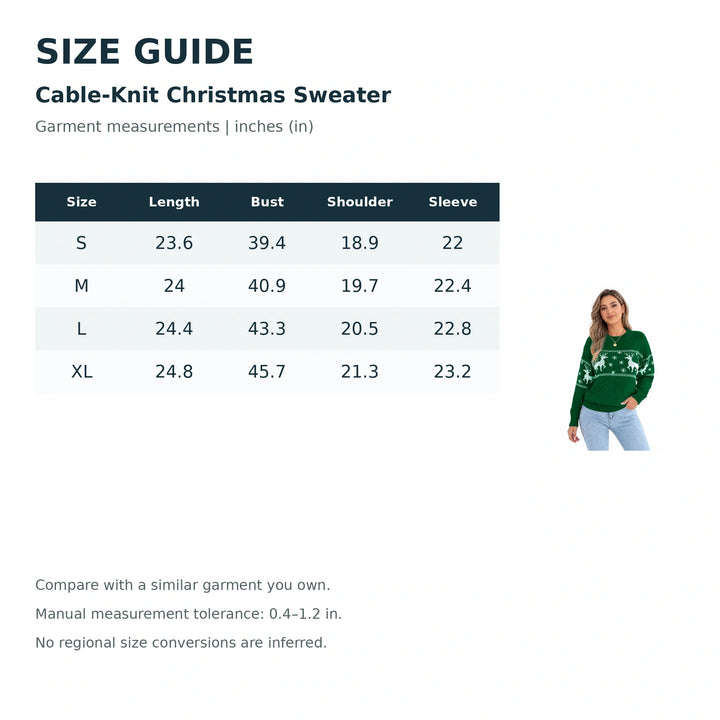 Cable-Knit Christmas Sweater size guide with product reference; garment measurements | inches (in).