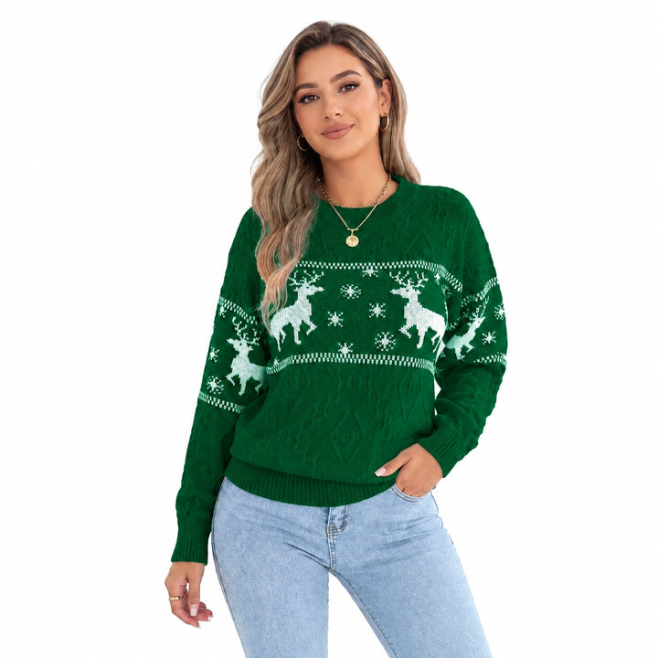 Cable-Knit Christmas Sweater in the Green option on a model against a white background