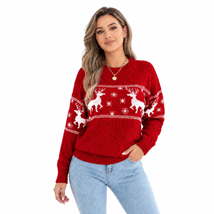 Cable-Knit Christmas Sweater in the Red option on a model against a white background