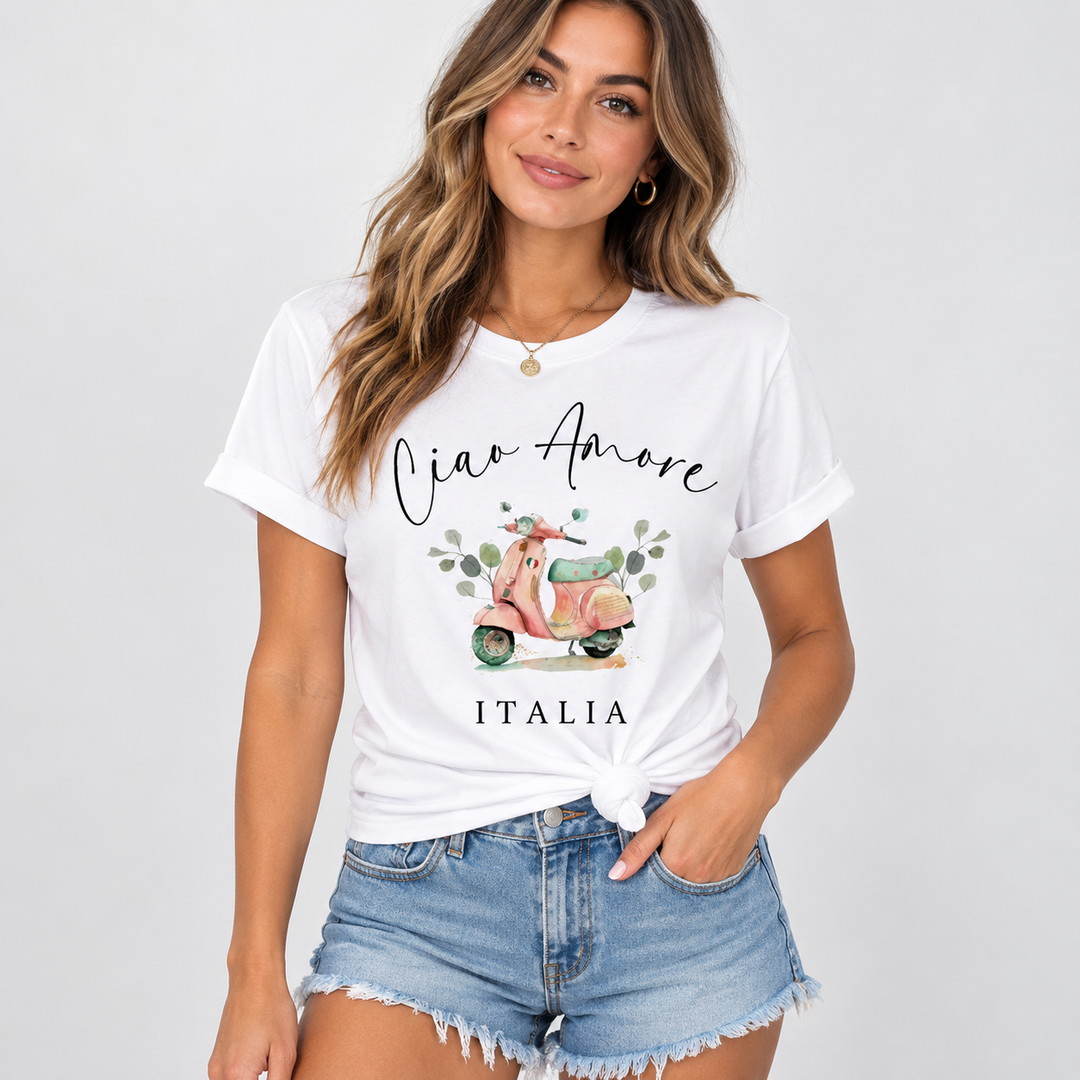 Women's white Ciao Amore Italia graphic T-shirt shown from the front on a professional model.