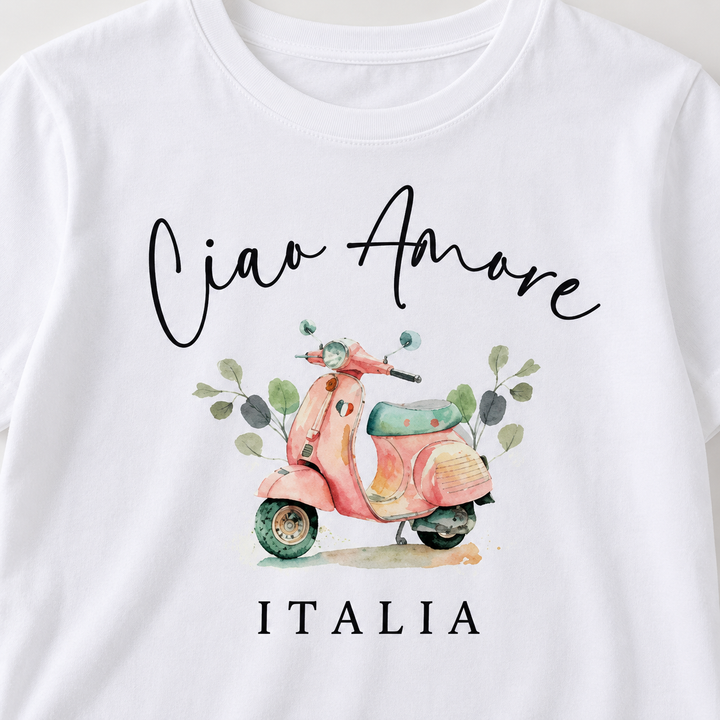 Close-up of the Ciao Amore Italia scooter graphic printed on the women&