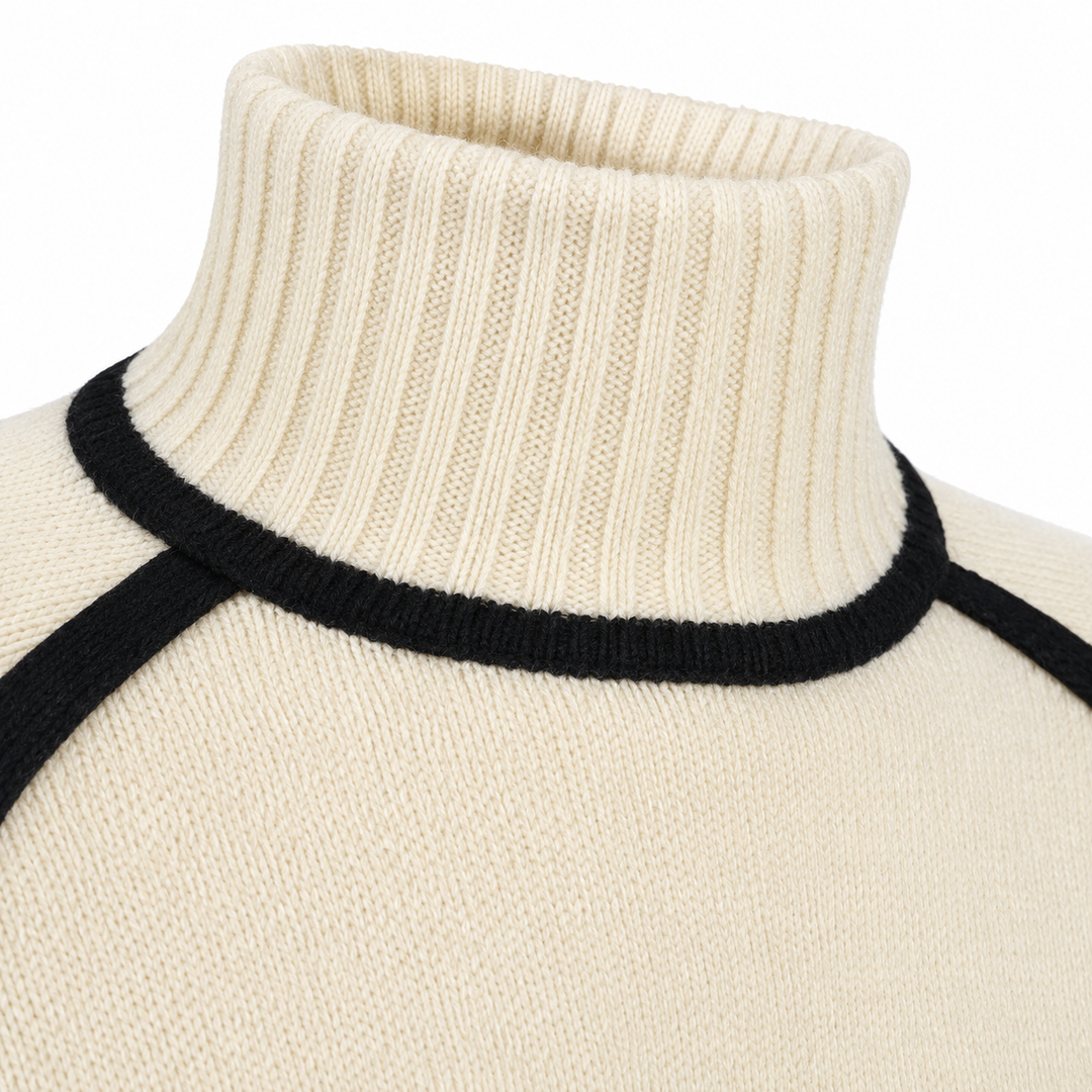 Close-up of ribbed turtleneck and black contrast trim on women&