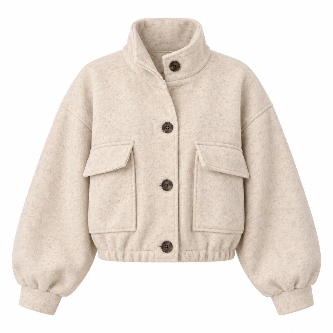 Beige cropped jacket with four dark buttons, flap pockets and gathered hem, front product view