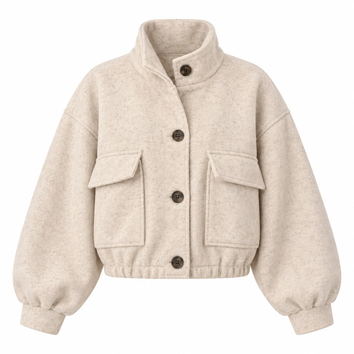 Beige cropped jacket with four dark buttons, flap pockets and gathered hem, front product view