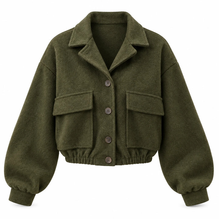 Green cropped button jacket with a folded collar and flap pockets, front view