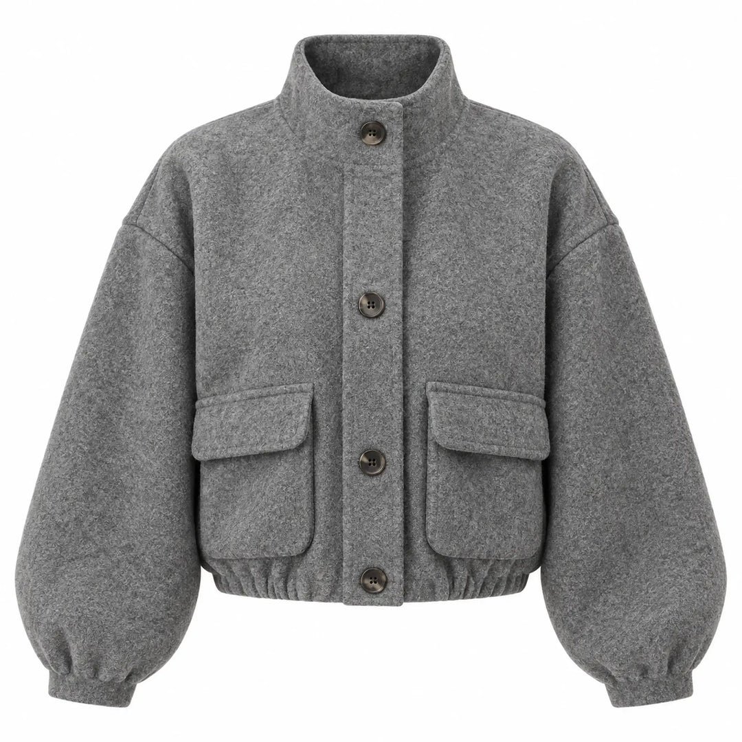 Grey cropped jacket with stand collar, dark buttons and flap pockets, front view