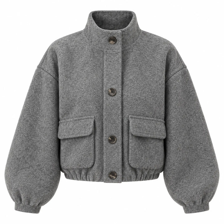 Grey cropped jacket with stand collar, dark buttons and flap pockets, front view