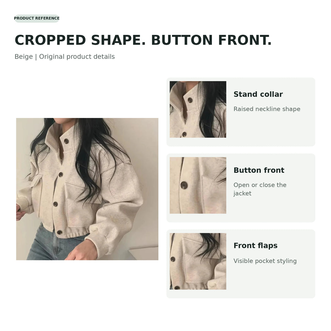 Beige cropped button jacket with close-ups of the stand collar, dark buttons and front flaps