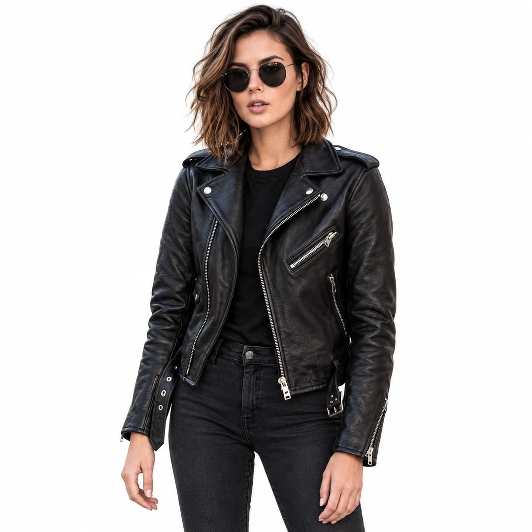 Woman wearing a black faux leather biker jacket