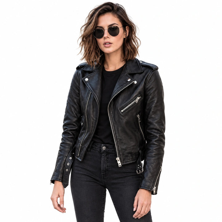 Woman wearing a black faux leather biker jacket
