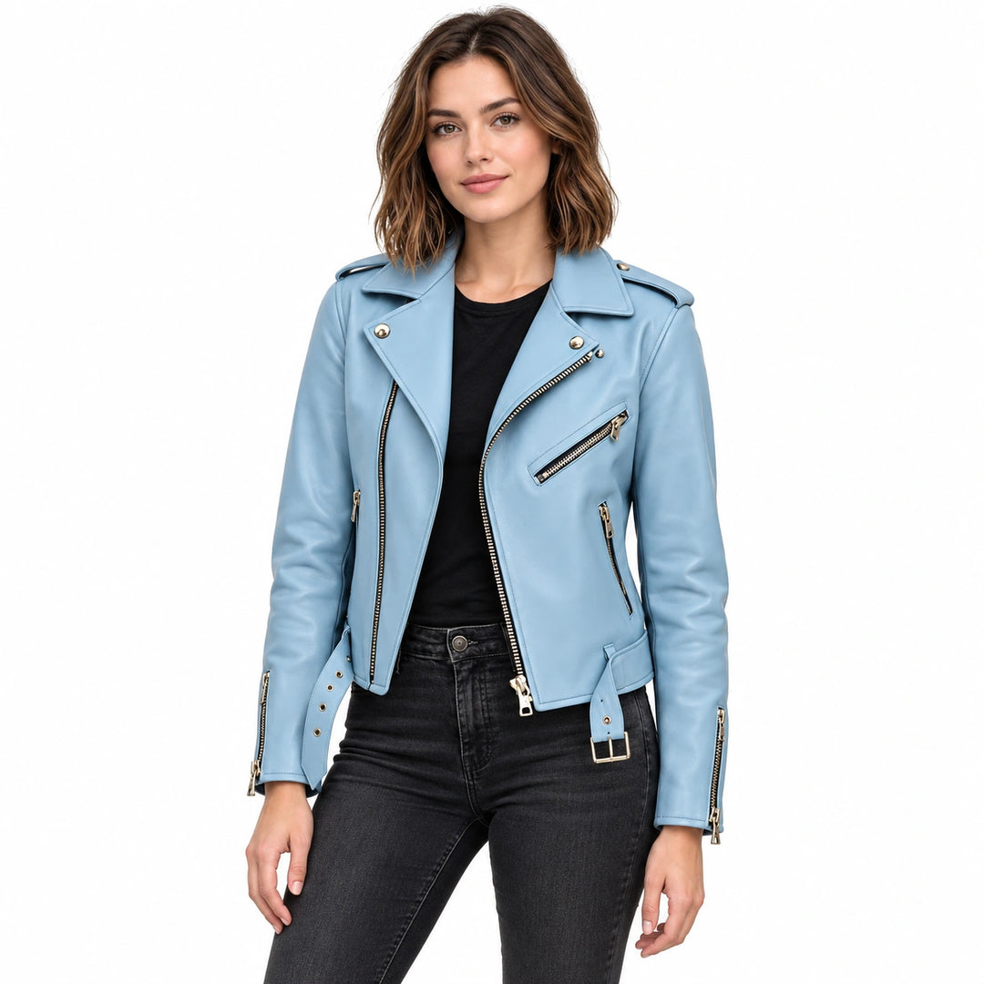 Woman wearing a light blue faux leather biker jacket