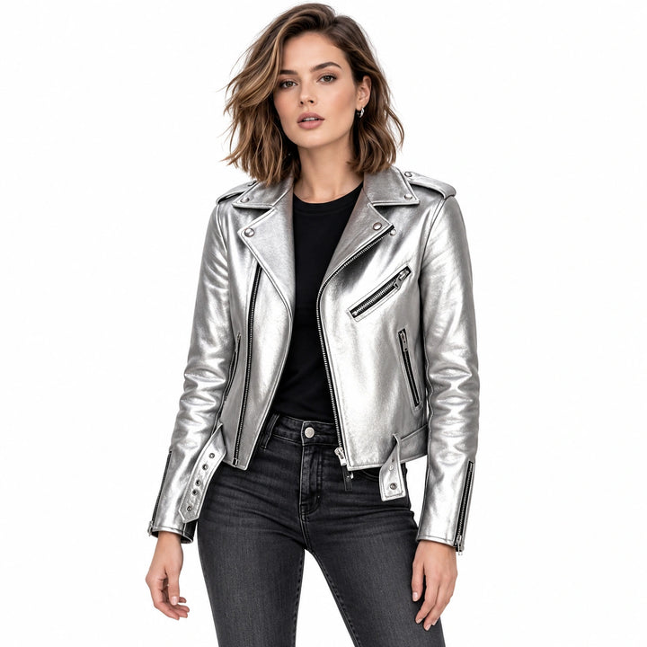 Woman wearing a metallic silver faux leather biker jacket