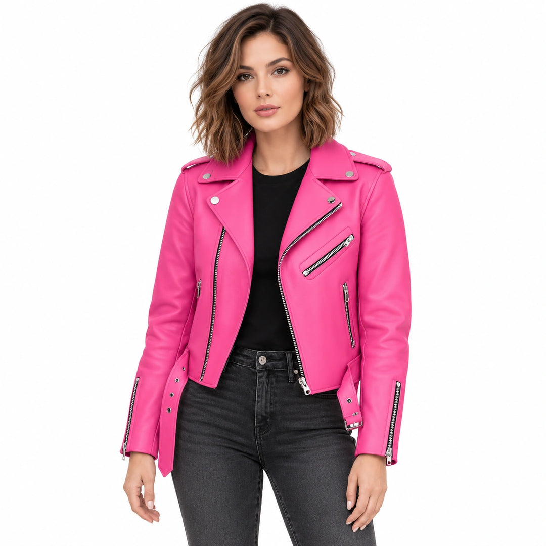Woman wearing a hot pink faux leather biker jacket