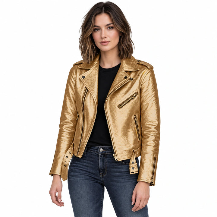 Woman wearing a gold faux leather biker jacket