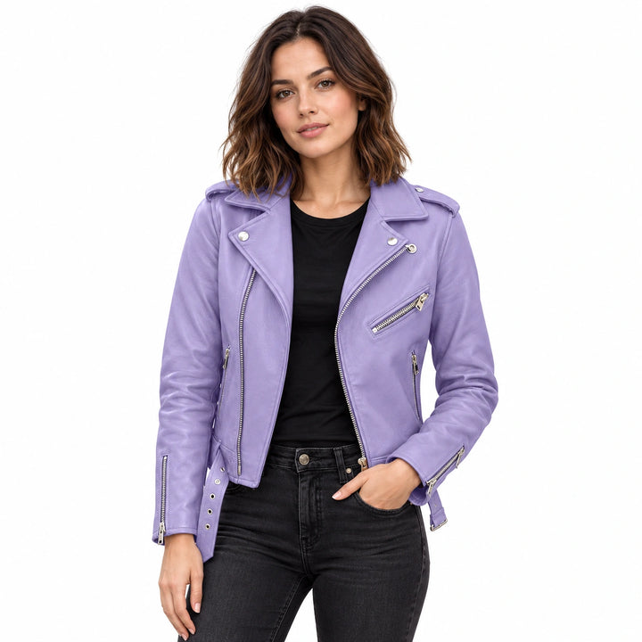 Woman wearing a lilac faux leather biker jacket