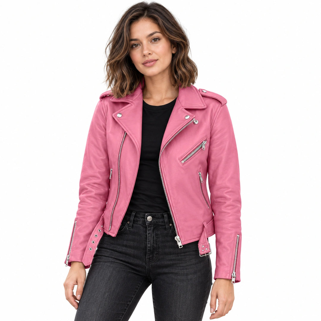 Woman wearing a pink faux leather biker jacket