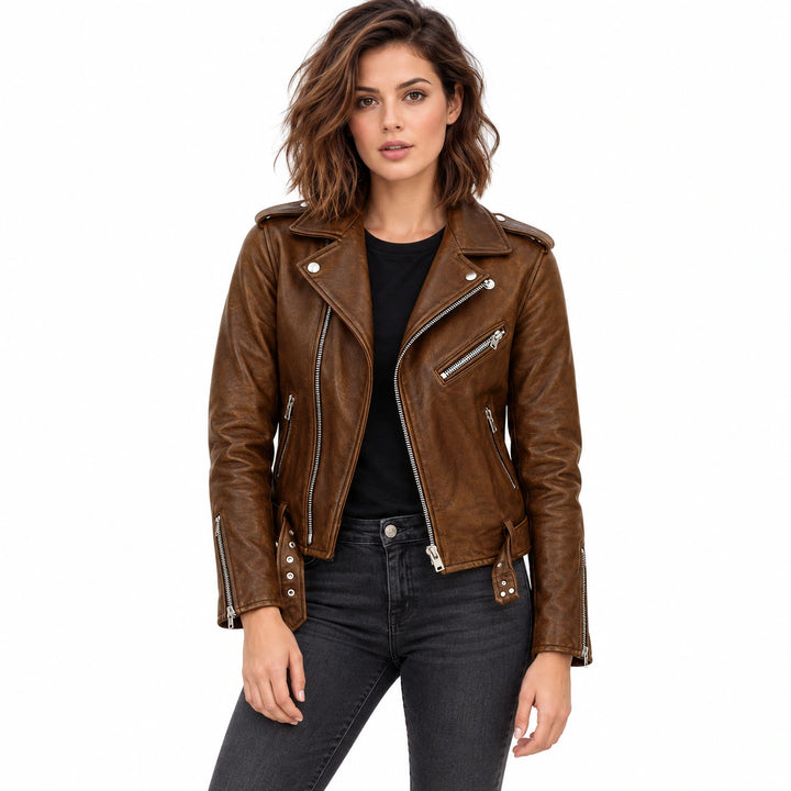 Woman wearing a brown faux leather biker jacket