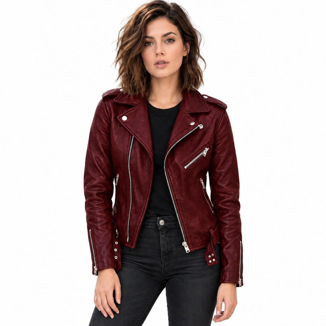 Woman wearing a dark burgundy faux leather biker jacket