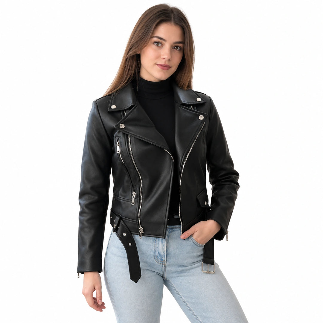 Woman wearing a black PP01 faux leather biker jacket