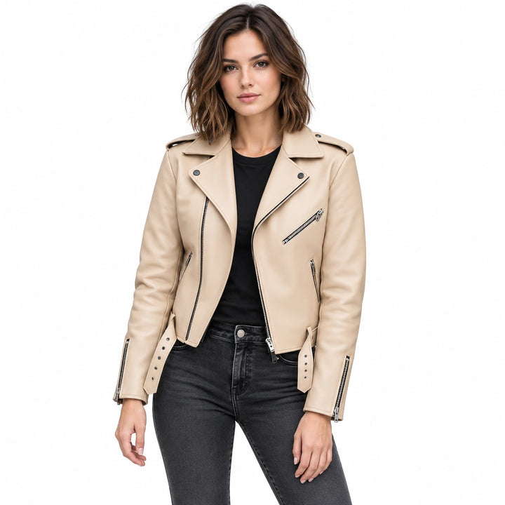 Woman wearing a beige faux leather biker jacket