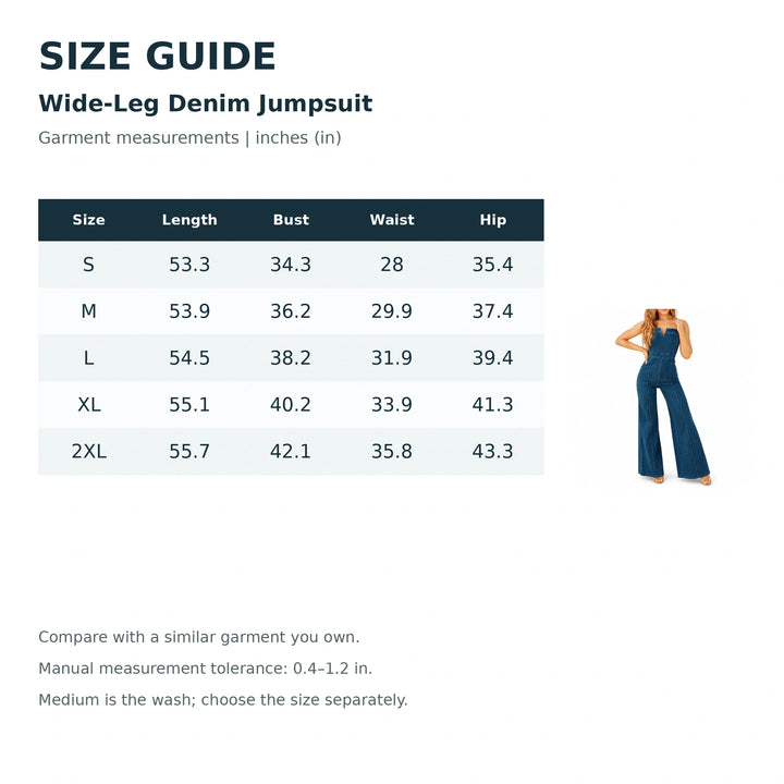 Wide-Leg Denim Jumpsuit size guide with product reference; garment measurements | inches (in).