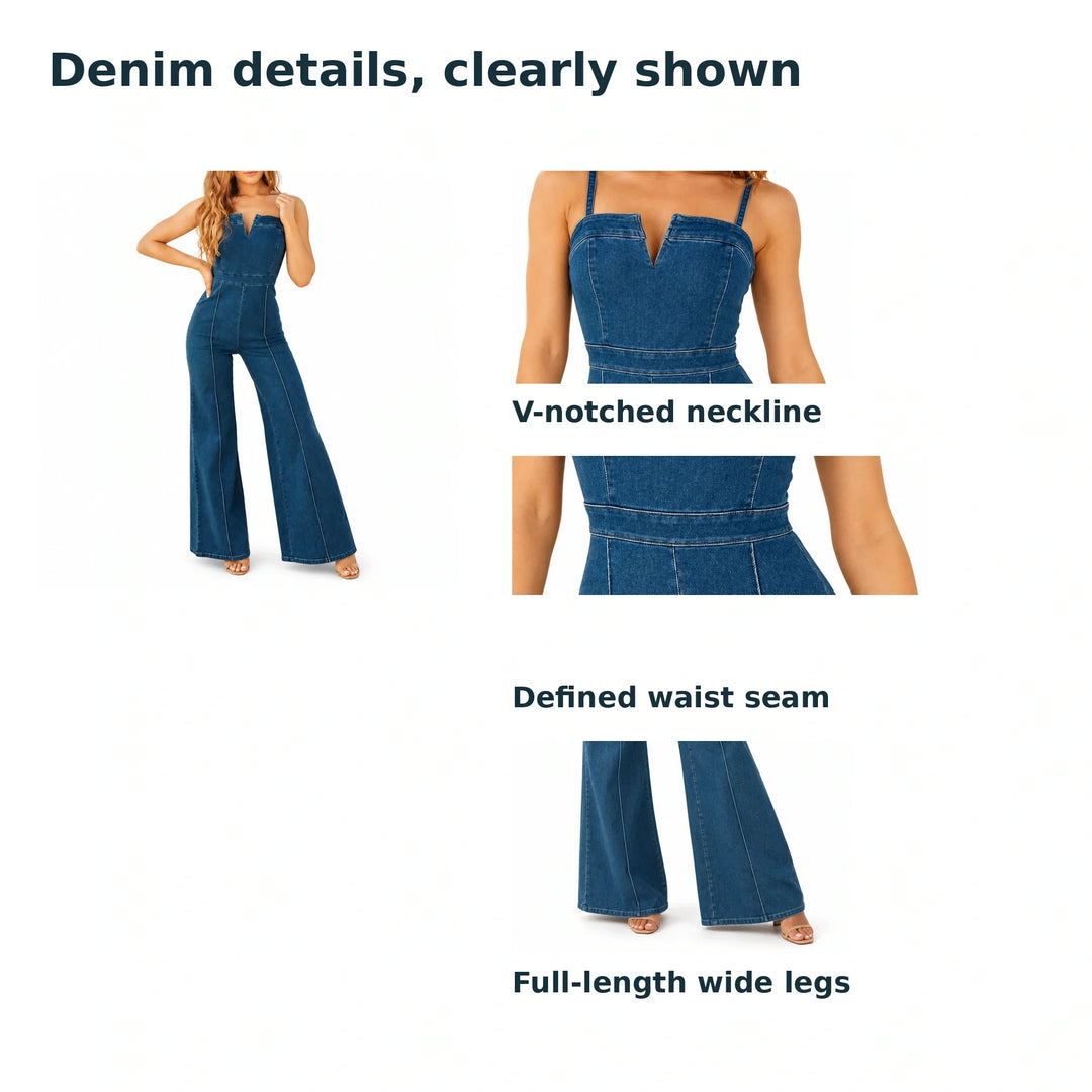 Denim jumpsuit with close views of the V-notched neckline, defined waist seam and full-length wide legs.
