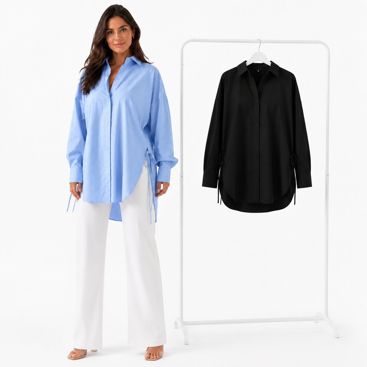 Blue and black color options for the oversized drop shoulder shirt shown together on a pure white background.