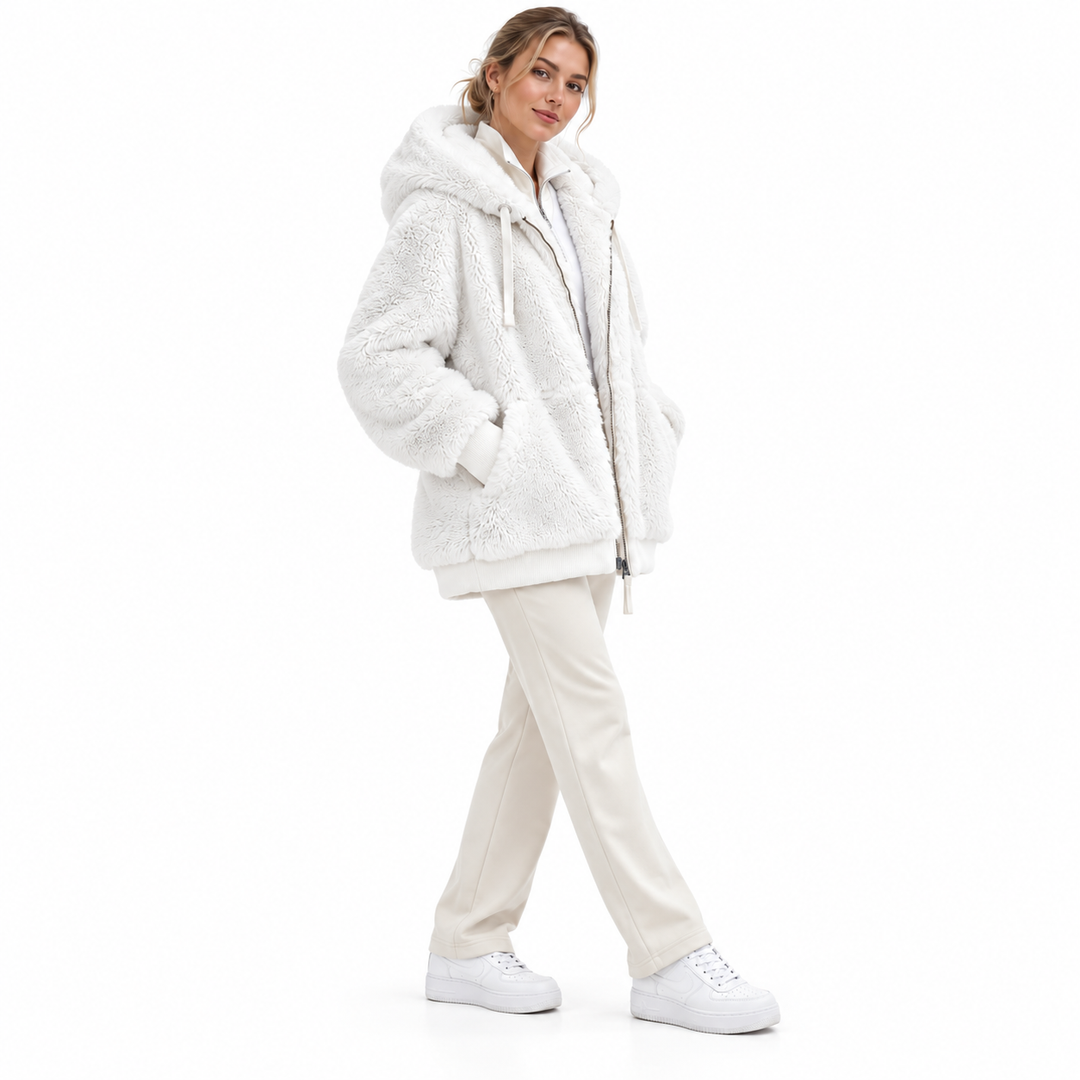 White hooded jacket on a second model with loose fit and front pockets