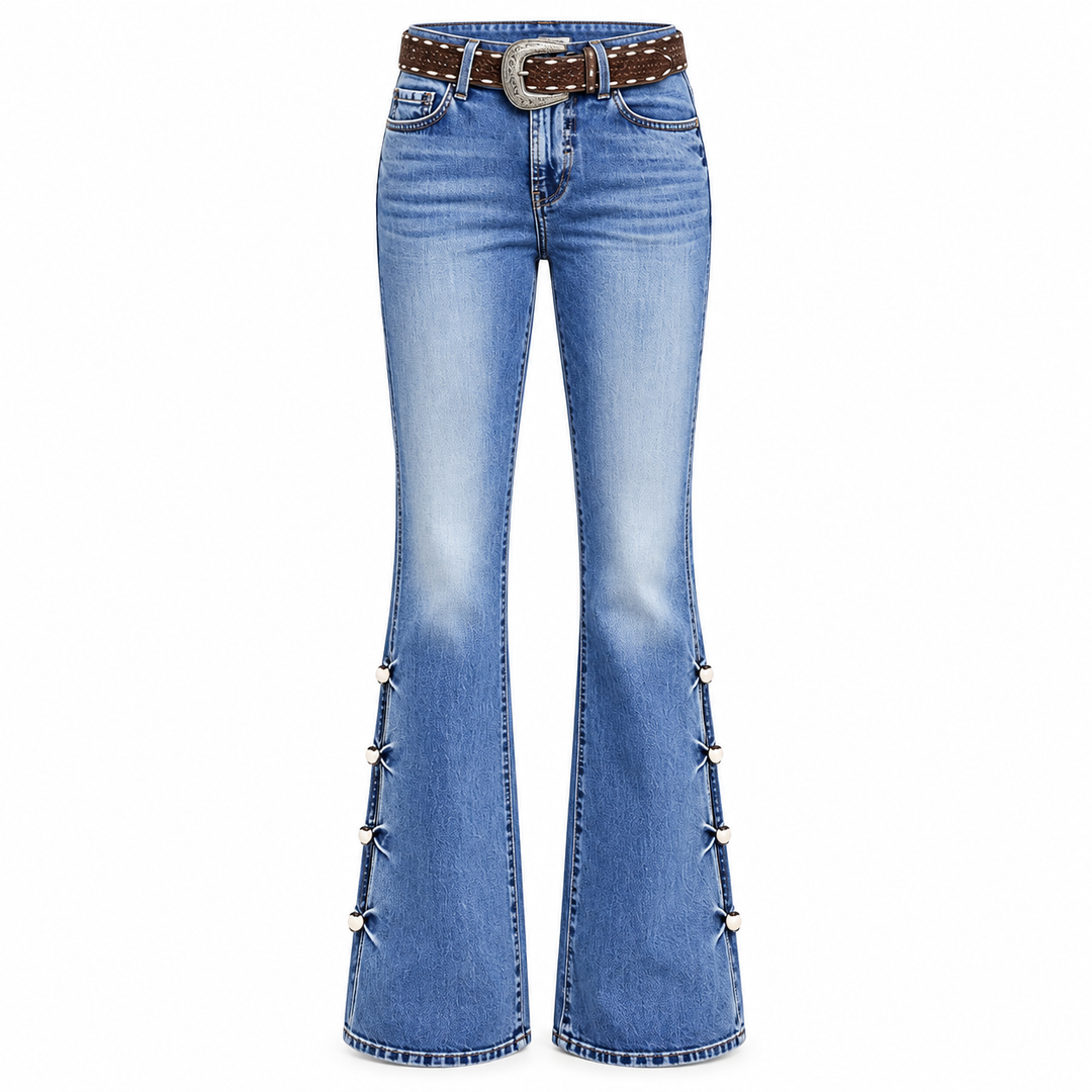 Blue flare jeans isolated front view with side details and western belt