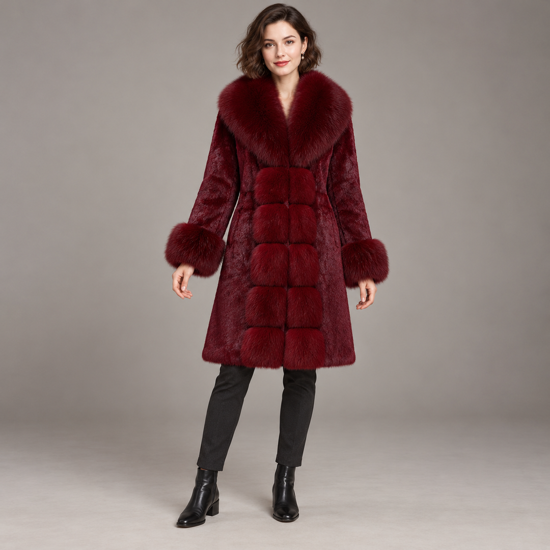 Deep red long-sleeve coat with wide collar and horizontal front panels, shown on a full-body model.