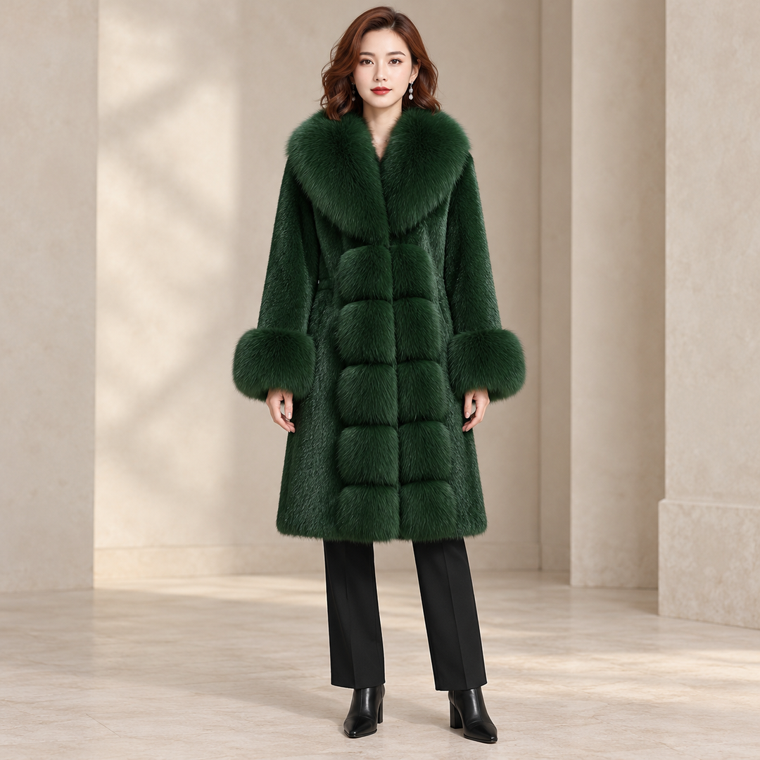 Dark green long-sleeve coat with wide collar and front panels, shown on a full-body model.