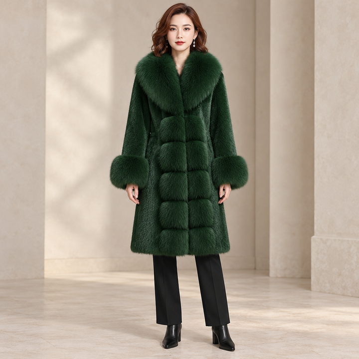 Dark green long-sleeve coat with wide collar and front panels, shown on a full-body model.