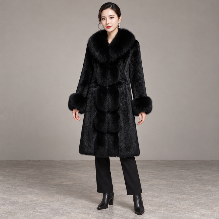 Black long-sleeve coat in a slight three-quarter front view on a full-body model.