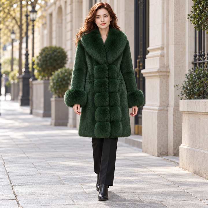 Dark green long-sleeve coat worn by a full-body model walking along a stone city street.
