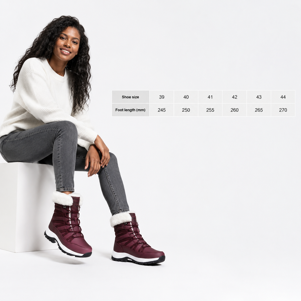 Women's fleece lined mid-calf boots size guide for checking EU sizes 36 through 42 before choosing the preferred boot option.