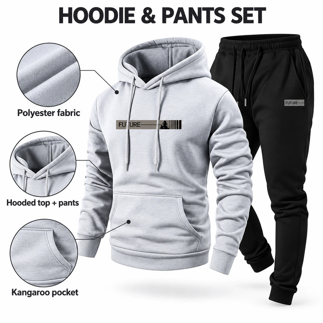 Fleece sweatsuit feature guide showing polyester fabric, hooded top and pants