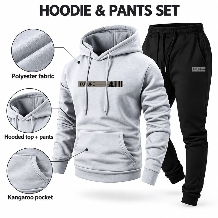Fleece sweatsuit feature guide showing polyester fabric, hooded top and pants