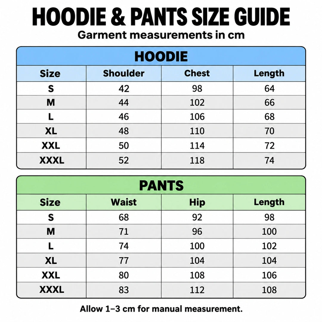 Fleece sweatsuit size guide in centimeters for the hoodie and pants, sizes S to XXXL