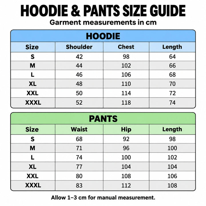 Fleece sweatsuit size guide in centimeters for the hoodie and pants, sizes S to XXXL