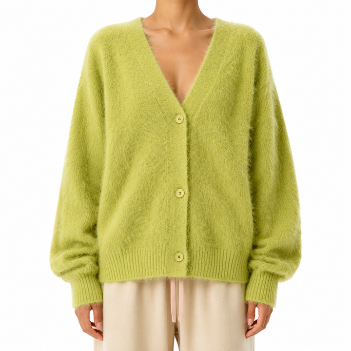 Green fuzzy V-neck button cardigan in a clean front view, highlighting the long sleeves, ribbed hem, cuffs and plush knit surface.