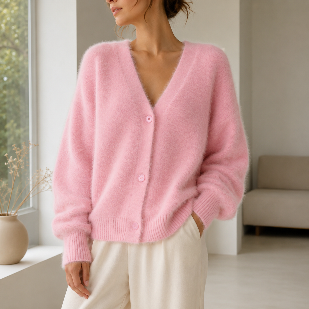 Light pink fuzzy V-neck cardigan styled indoors, showing button front, long sleeves, ribbed cuffs and relaxed everyday silhouette.