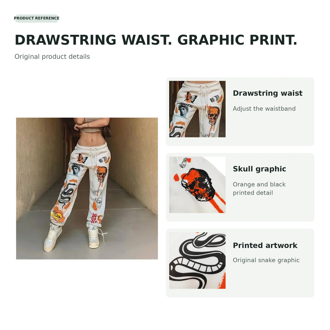 White graphic joggers with close-ups of the drawstring waist, skull print and snake graphic