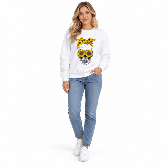 Women's graphic sweatshirt with sunflower skull print in white, full-body front view