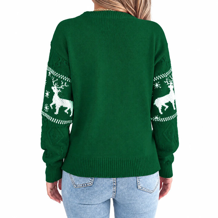 Back of green Christmas sweater showing a plain knit back and reindeer-patterned sleeves.