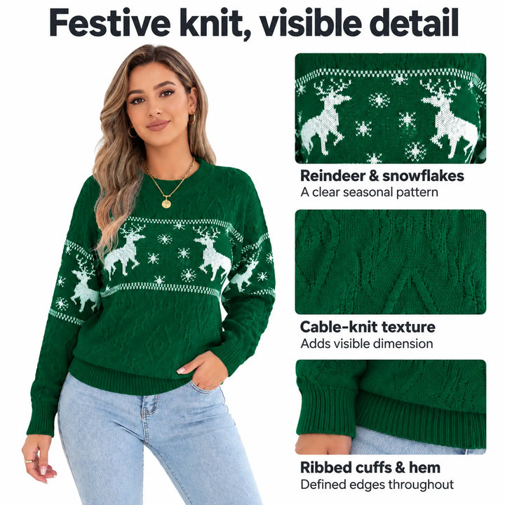 Green Christmas sweater infographic with close-ups of the reindeer pattern, cable-knit texture and ribbed edges.