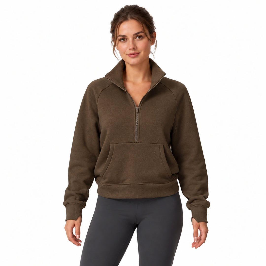 Woman wearing the Jiaocha Coffee brown half-zip fleece pullover, front view on a white background.