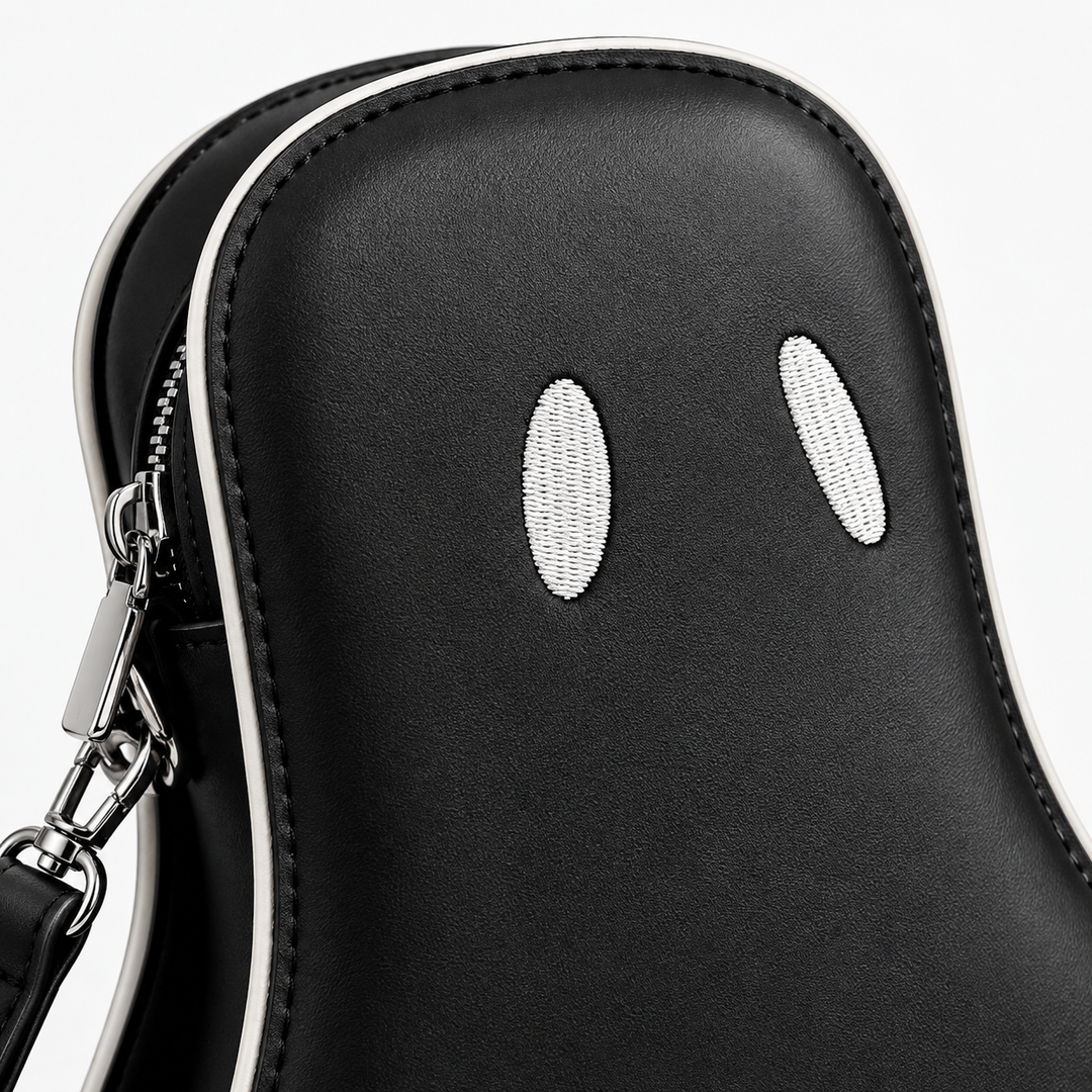 Close-up of black ghost crossbody bag with embroidered white oval eyes, contrast piping and visible edge stitching