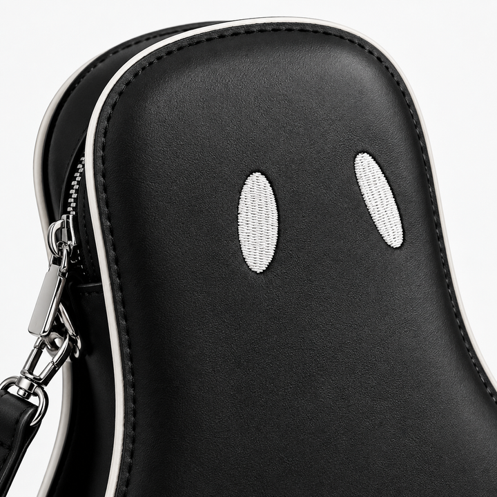 Close-up of black ghost crossbody bag with embroidered white oval eyes, contrast piping and visible edge stitching