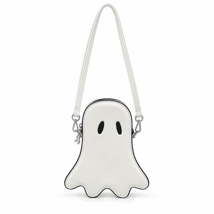 White Halloween ghost crossbody bag front view with black eyes, contrast trim, silver hardware and shoulder strap