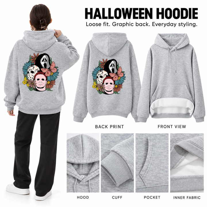Halloween hoodie collage with gray graphic back, plain front, hood, cuff, pocket and inner fabric on white studio background.